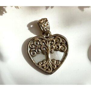 Tree of Life Heart & Mother of Pearl + Abalone Sterling 925 Vintage Pendant